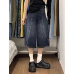 Pantaloni a mezza gamba larghi larghi larghi stile americano jeans cropped blu scuro da donna 2025 nuovi pantaloni estivi di grande taglia larghi - immagine 2