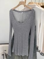 Tencel Skin-Fribottomly Sottile Leggermente Slim Fit Lussuria Pura Sexy Bianco Collo a U Crema di Protezione del Sole T-Shirt da Donna Inizio Autunno Top - immagine 2