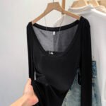 Tencel Skin-Fribottomly Sottile Leggermente Slim Fit Lussuria Pura Sexy Bianco Collo a U Crema di Protezione del Sole T-Shirt da Donna Inizio Autunno Top - immagine 7